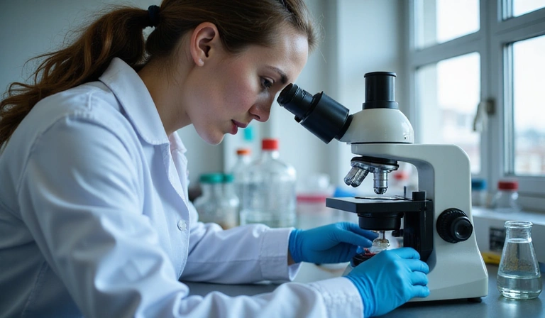 Scientist in a lab coat inspecting a sample under a microscope, symbolizing quality control