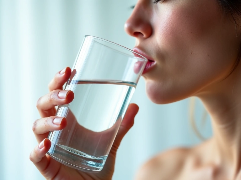 A person drinking water from a clear glass, emphasizing hydration.