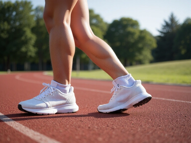 A pair of running shoes on a track with a blurred background of nature, symbolizing active lifestyle.