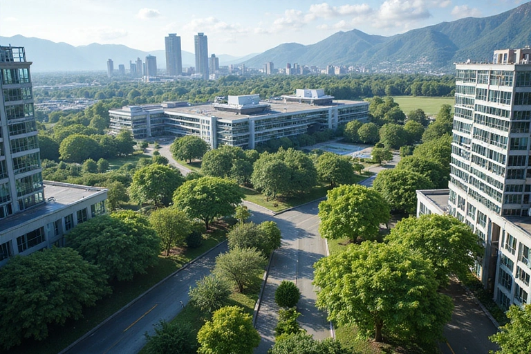 An aerial view of a modern office campus with green spaces, suggesting a tech company headquarters.