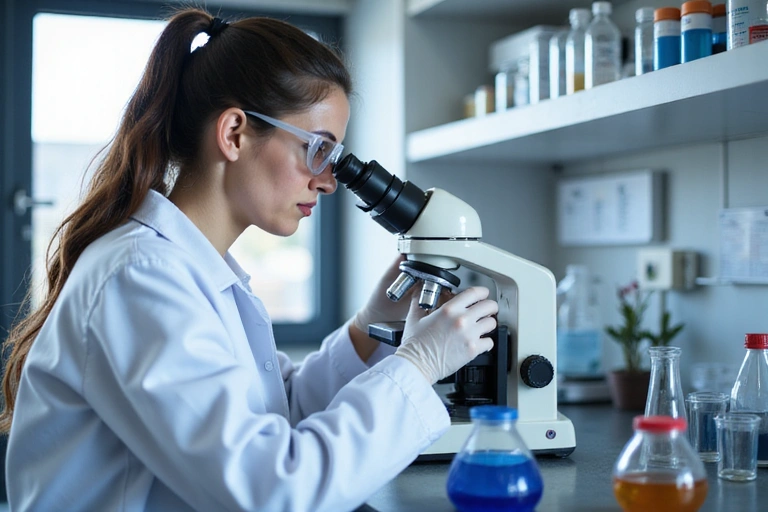 Scientist in a lab coat examining samples in a clean laboratory setting