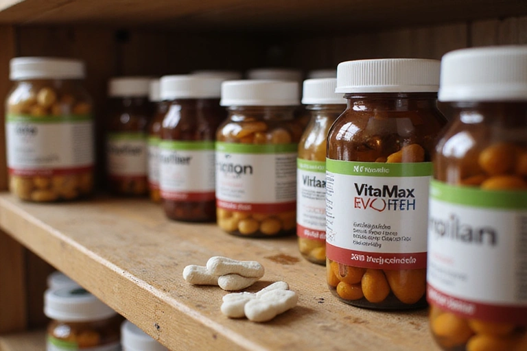 Supplements bottles stored neatly in a cool, dry pantry