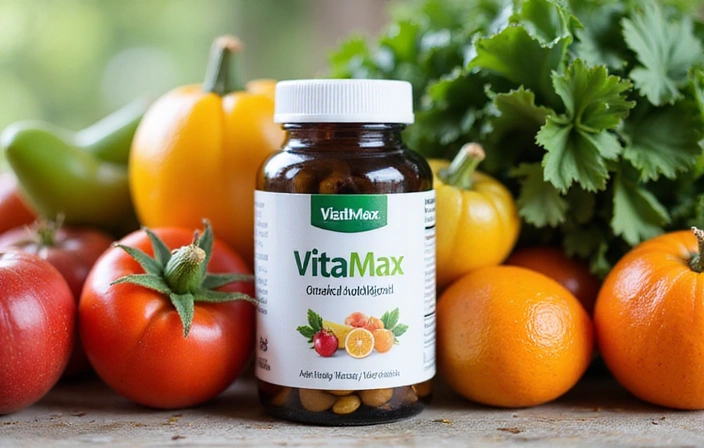 VitaMax multivitamin bottle and healthy food